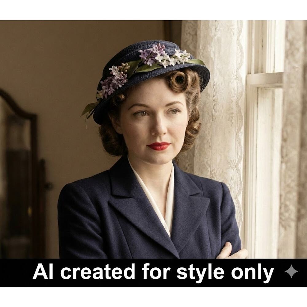 Vintage 40s The Rhodes Hat Navy Blue Straw Cloche Lilac Floral Wreath 50s